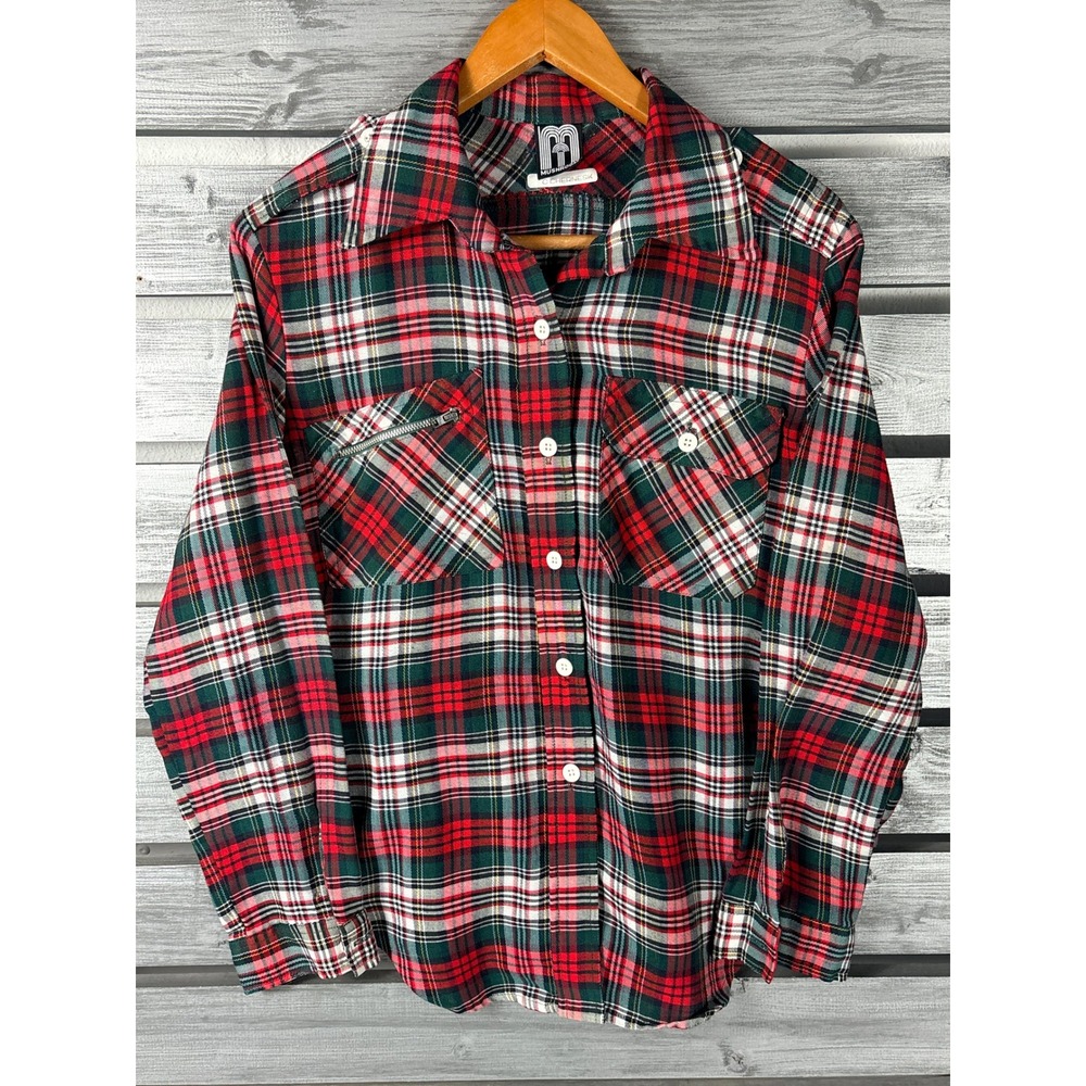 Vintage 70s Rockabilly Plaid Button Down Shirt Red Epaulets Zip Pocket Womens M